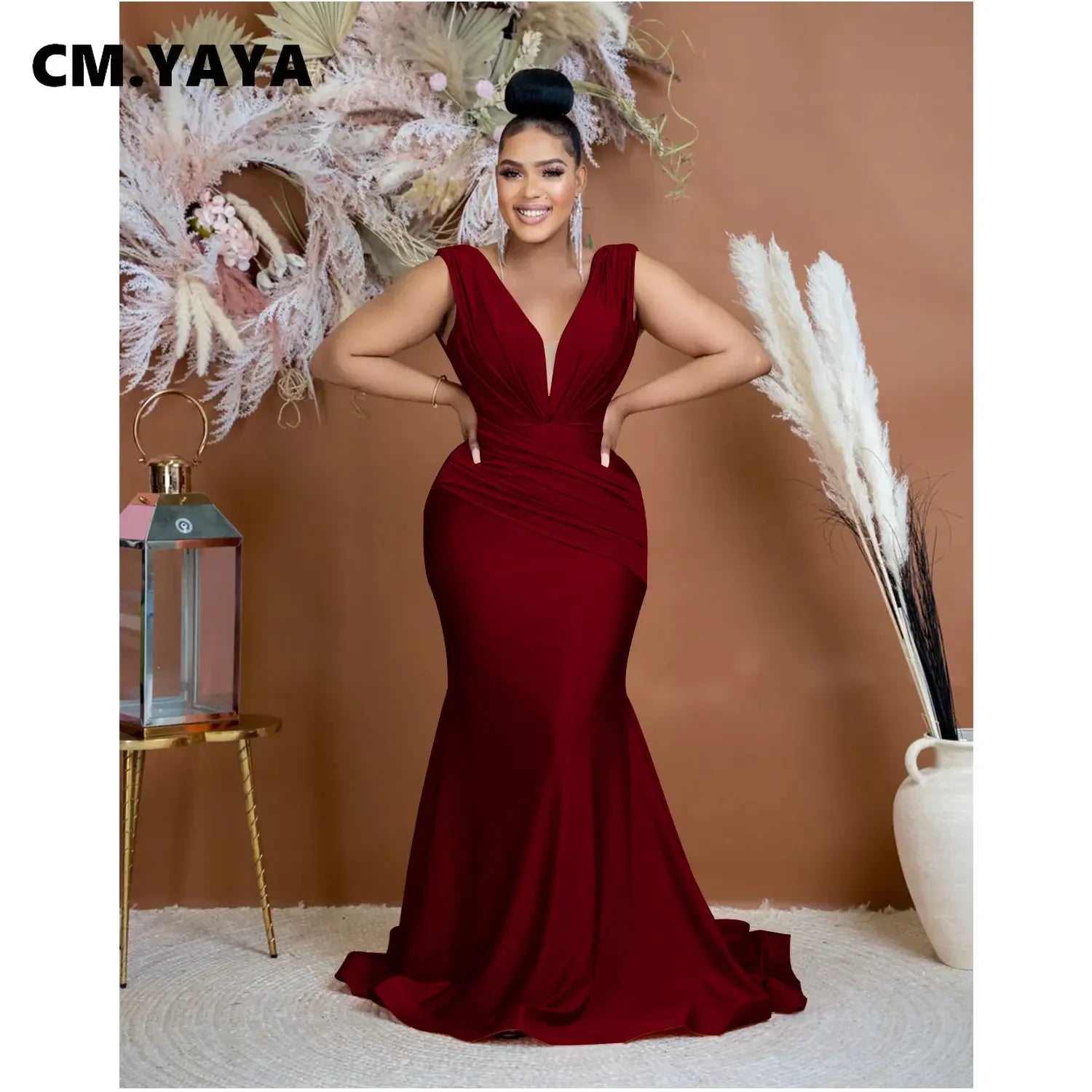 CM.YAYA Women Draped Waist Shoulder Sleeveless Deep V-neck Maxi Long Trumpet Mermaid Dress 2023 Club Sexy Party Evening Dresses