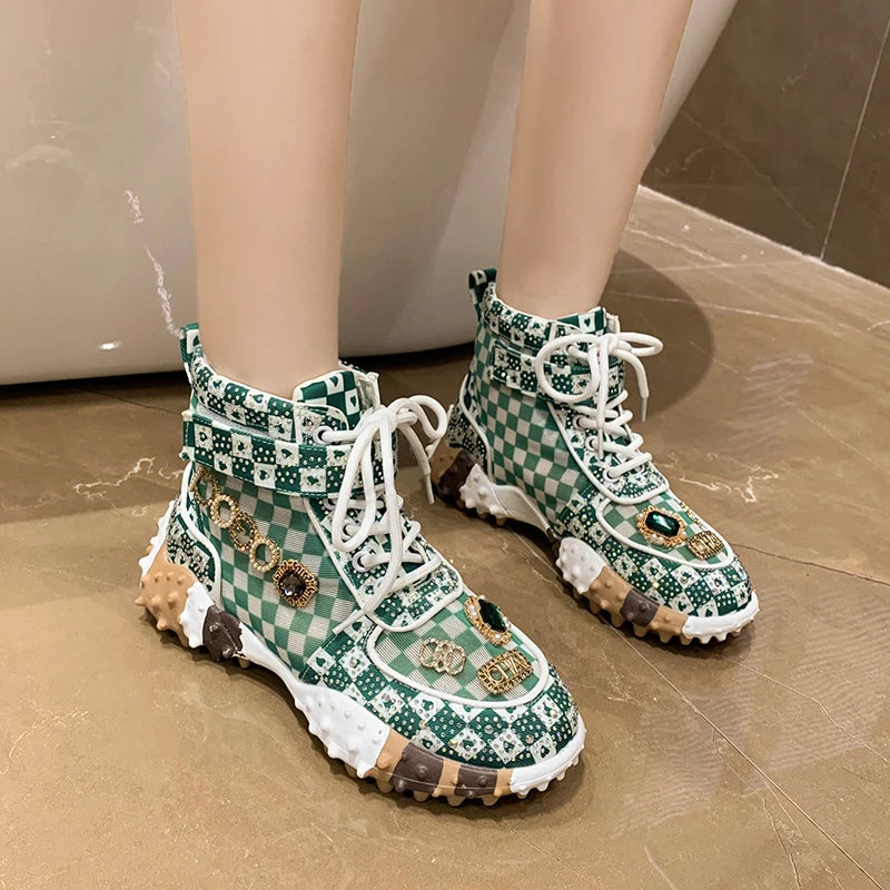 Women Casual Sneakers Luxury Designer Boots Rhinestone Diamond High-Top Thick Bottom Shoes Female Tennis Trainers Walking Shoes