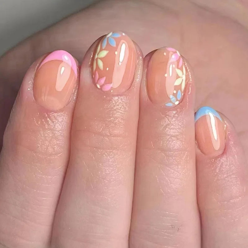 24Pcs Short Round Head Fake Nails Press on Colorful Flower with Design Full Cover Nails Tips Art Wearable Artificial False Nails