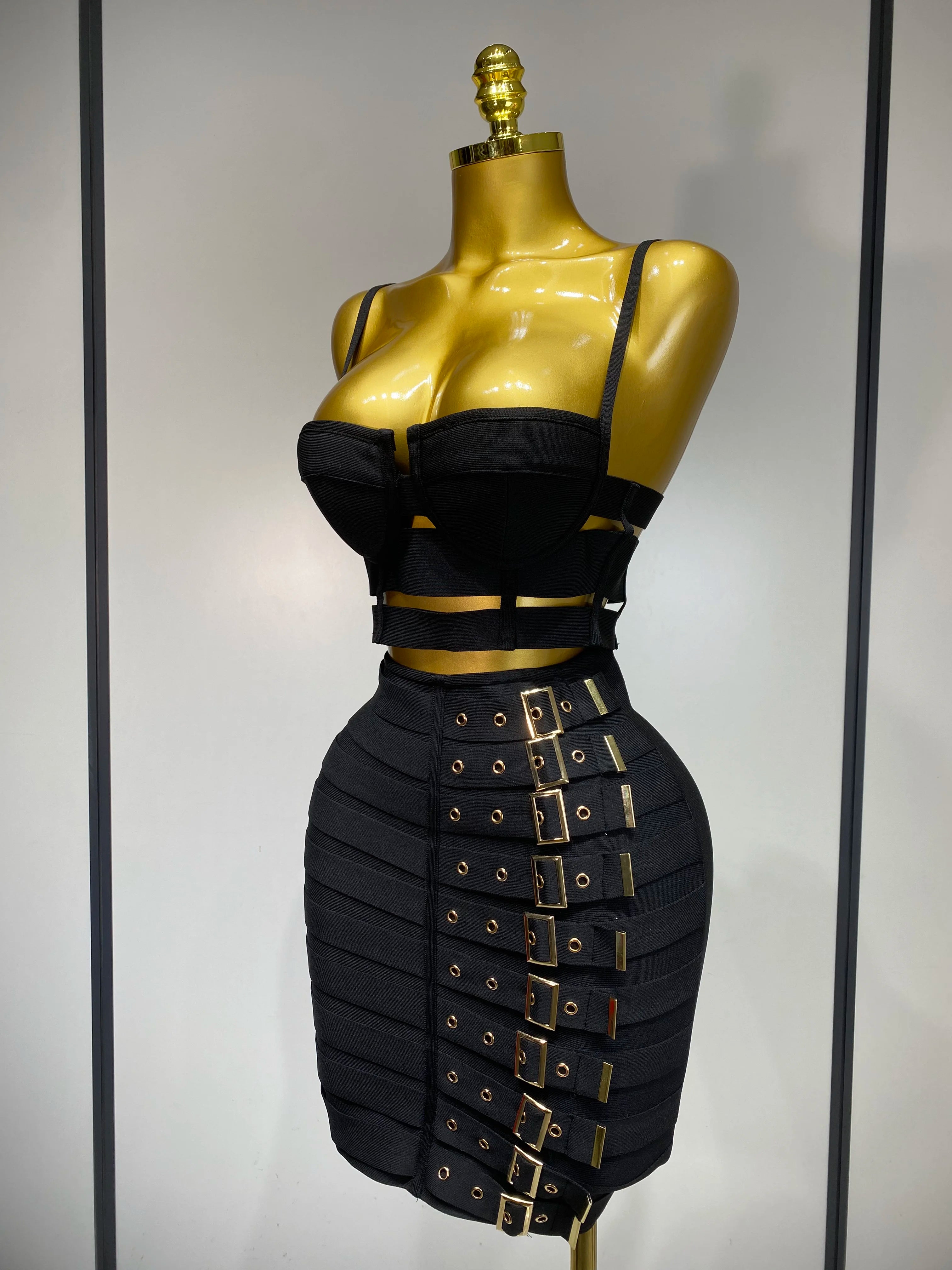 Women Sexy Black Cut Out Bodycon Bandage Skirt Two Piece Set 2025 Celebrity High Streeet Evening Birthday Club Party Outfits