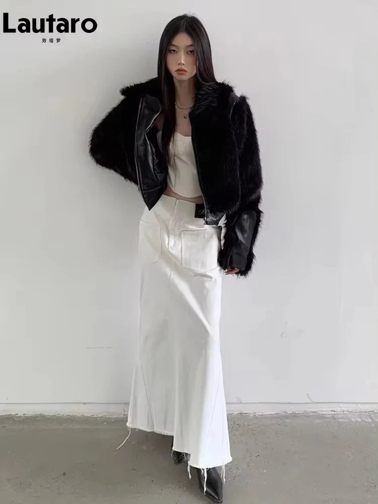 Autumn Winter Cool Short Black Soft Thickened Warm Hairy Shaggy Patchwork Faux Fox Fur Coat Women Fluffy Jacket 2023