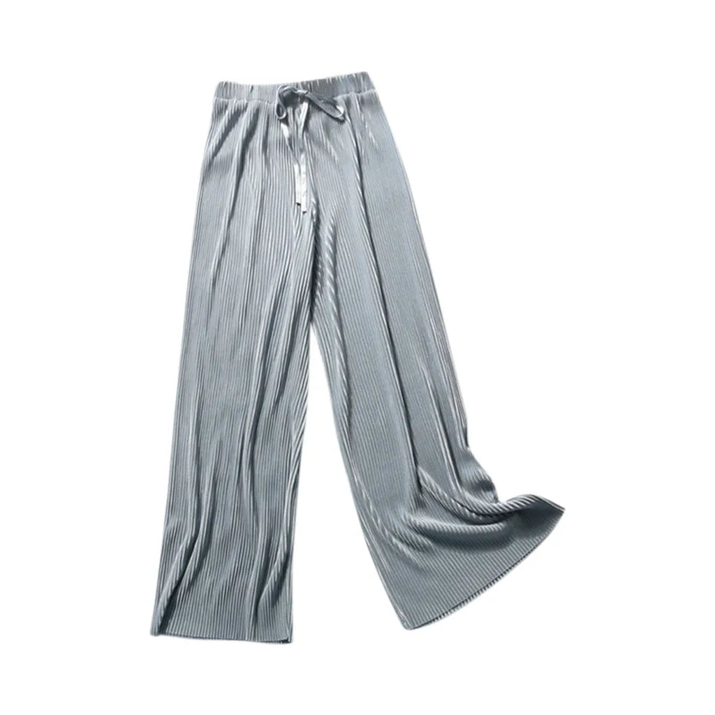 Women Pants Summer Spring Ice Silk Fashion Tide Korean Casual Cropped Pants Loose Elastic Waist High Pleated Wide Leg D One Size