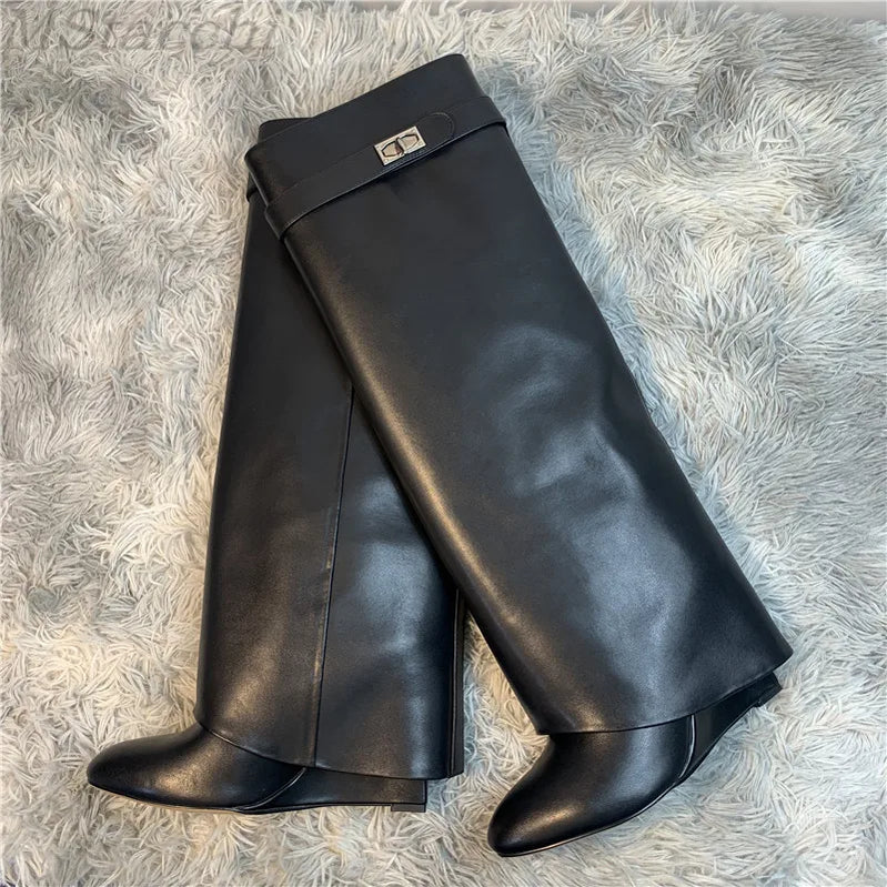 Shark Lock Women Boots Brand Design Genuine Leather Slip-on Knee High Boots For Woman Motorcycle Botas Mujer Fashion Wedge Shoes