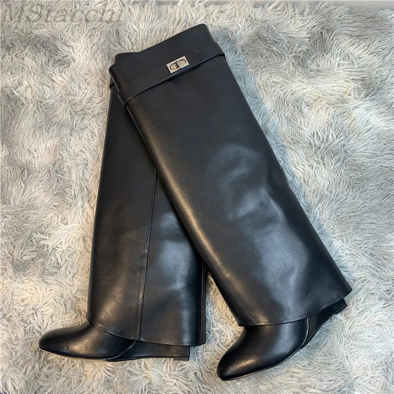 Shark Lock Women Boots Brand Design Genuine Leather Slip-on Knee High Boots For Woman Motorcycle Botas Mujer Fashion Wedge Shoes