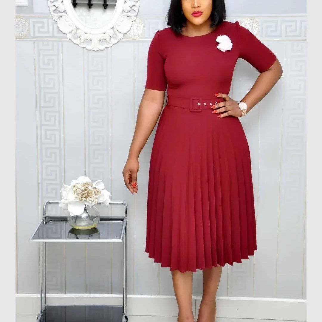 CM.YAYA Summer Midi Pleated Dress Short Sleeve Office Lady Africa Sashes Women High Waist Elegant Dresses Vestidos