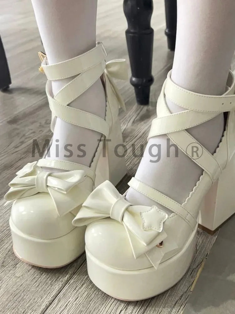 Sweet Vintage Mary Janes Shoes Women Star Buckle Lolita Kawaii Platform Shoes Female Bow-knot Cute Designer Shoes 2023 Summer