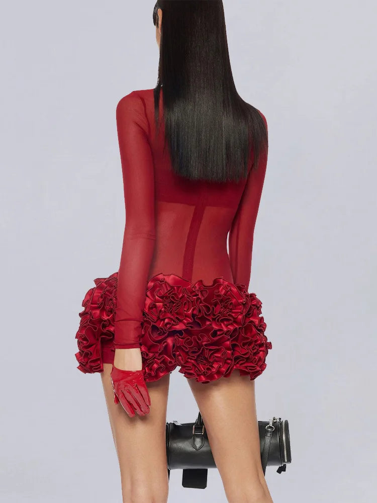 White Red Color Women Sexy Long Sleeve Mesh Bodycon Mini Bandage Dress Florals Celebrate Nightclub Party Birthday Outfit