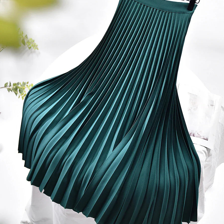 Brand Designer Women Spring Autumn Elegant Chic Solid Pleated Skirt High Waist Luxury Fashion With Elastic Female C-035 Dark Green