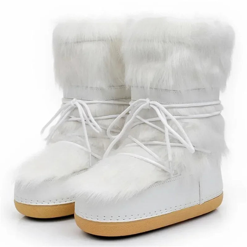 Botas de nieve de invierno botas de moda botas gruesas pelaje espeso esponjoso encaje up tibia de goma impermeable estilo lunar zapatillas lunar botas para niñas