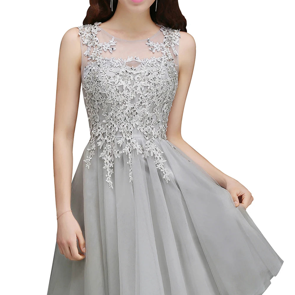 Short Homecoming Dress Illusion Neckline Sleeveless Floral Appqulies Evening Dress With Integrated Cup Chiffon Skirt Sliver