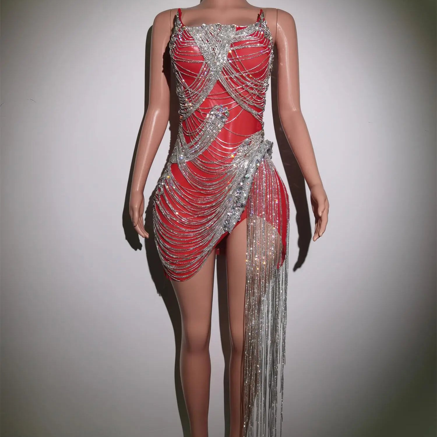 Rhinestones Crystals Fringes Dress Woman Birthday Celebrate Prom Dresses Pink Party Costume Sexy Dancer Stage Outfits Luoli Red