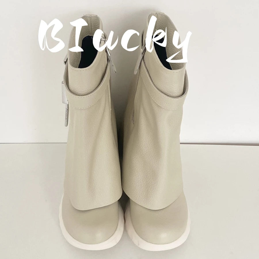 Winter New Women Mid-Calf Boots Woman Genuine Leather Wedge Platform Round 2023 Metal Decoration Boots