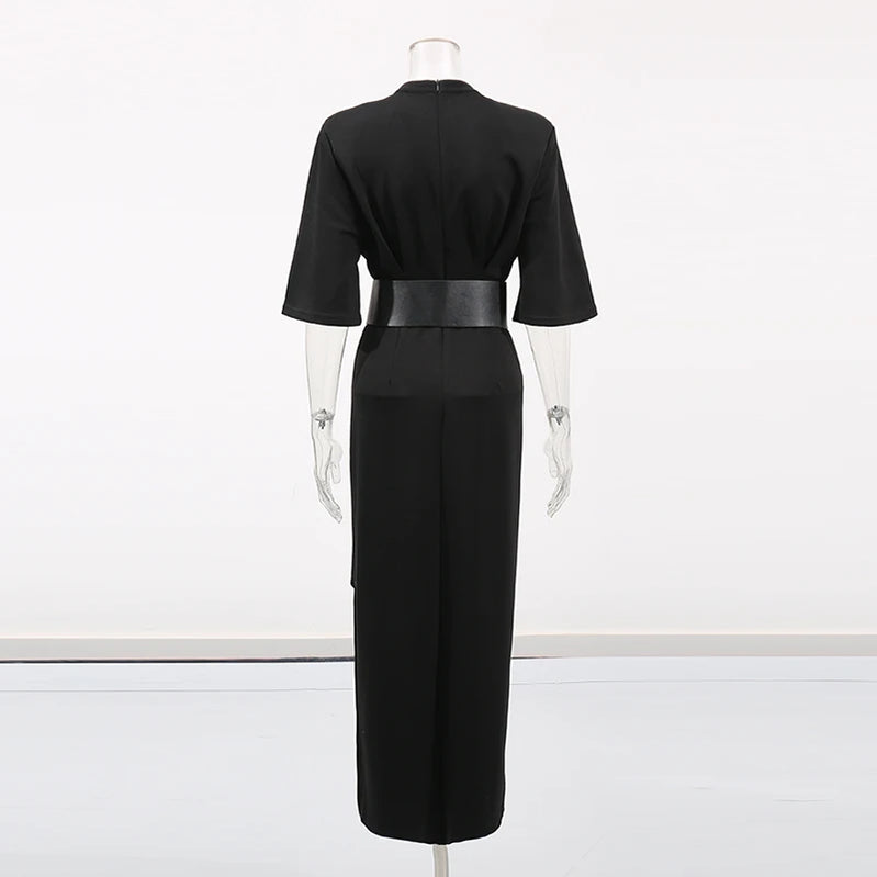 TWOTWINSTYLE Hit Color Slimming Spliced Lace Dresses for Women Round Neck Half Sleeve Split Temperament Dress Female Fashion New