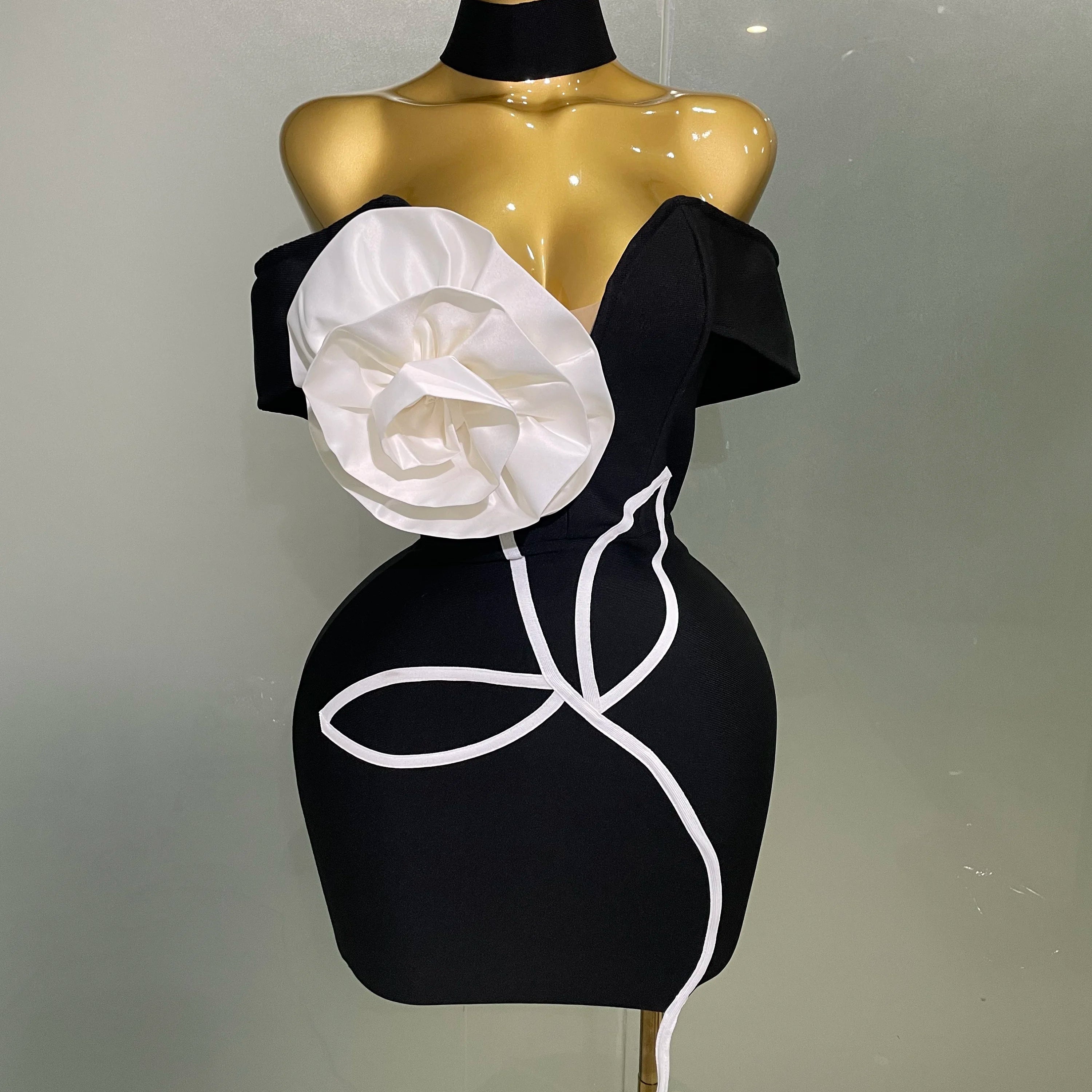 Women 2025 New Sexy Off Shoulder White Flower Black Mini Bodycon Bandage Dress Luxury Celebrity Evening Club Elegant Party Gowns