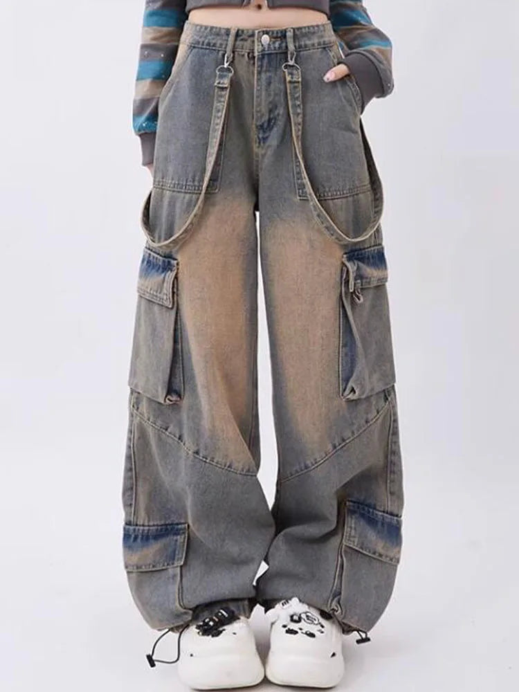 UETEEY American Retro Jeans Wide Leg Baggy Pants Streetwear