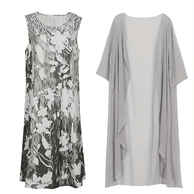 Plus Size 2024 Autumn Women's Floral Printed Long Dress Printed Pattern Two-piece Dress Round Neck Temperament Elegant Dress