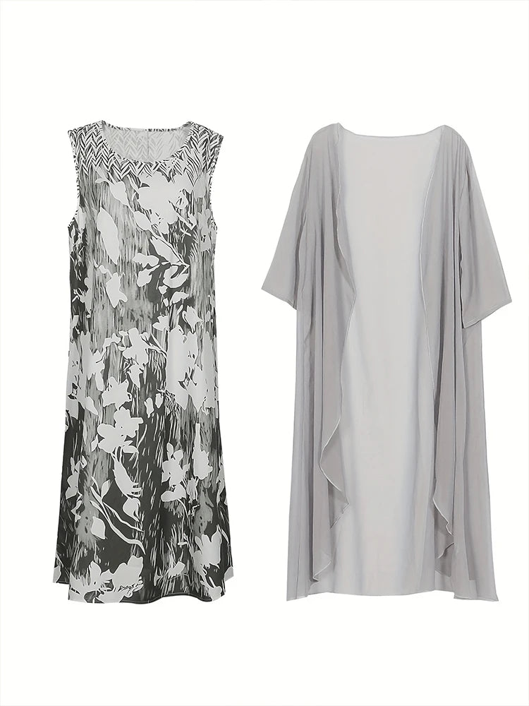 Plus Size 2024 Autumn Women's Floral Printed Long Dress Printed Pattern Two-piece Dress Round Neck Temperament Elegant Dress