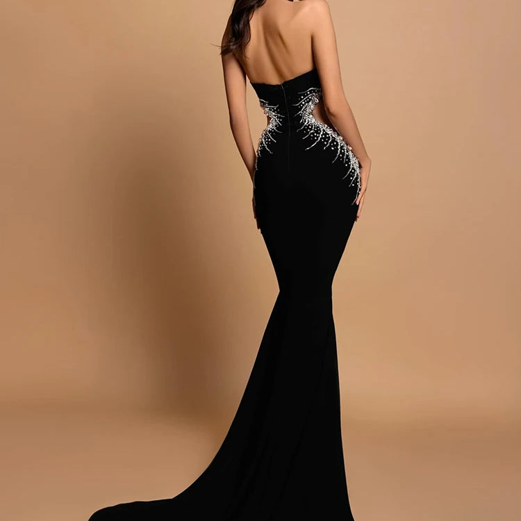 VC Strapless Crystal Black Maxi Long Gown Sparkling Diamond Hollow Tight Elegant Celebrity Party Evening Dress