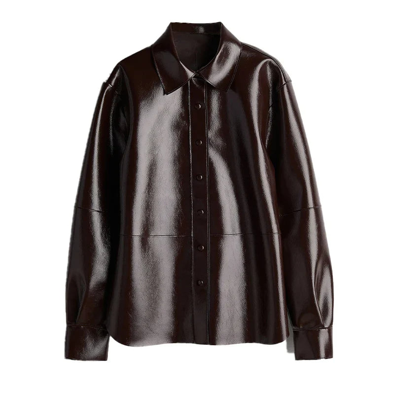 Fashion Leather Coat Skirt Sets Women Autumn Winter O-neck Long Sleeve Single Breasted Coats Mini Skirts Two Piece Set Lady coat 1