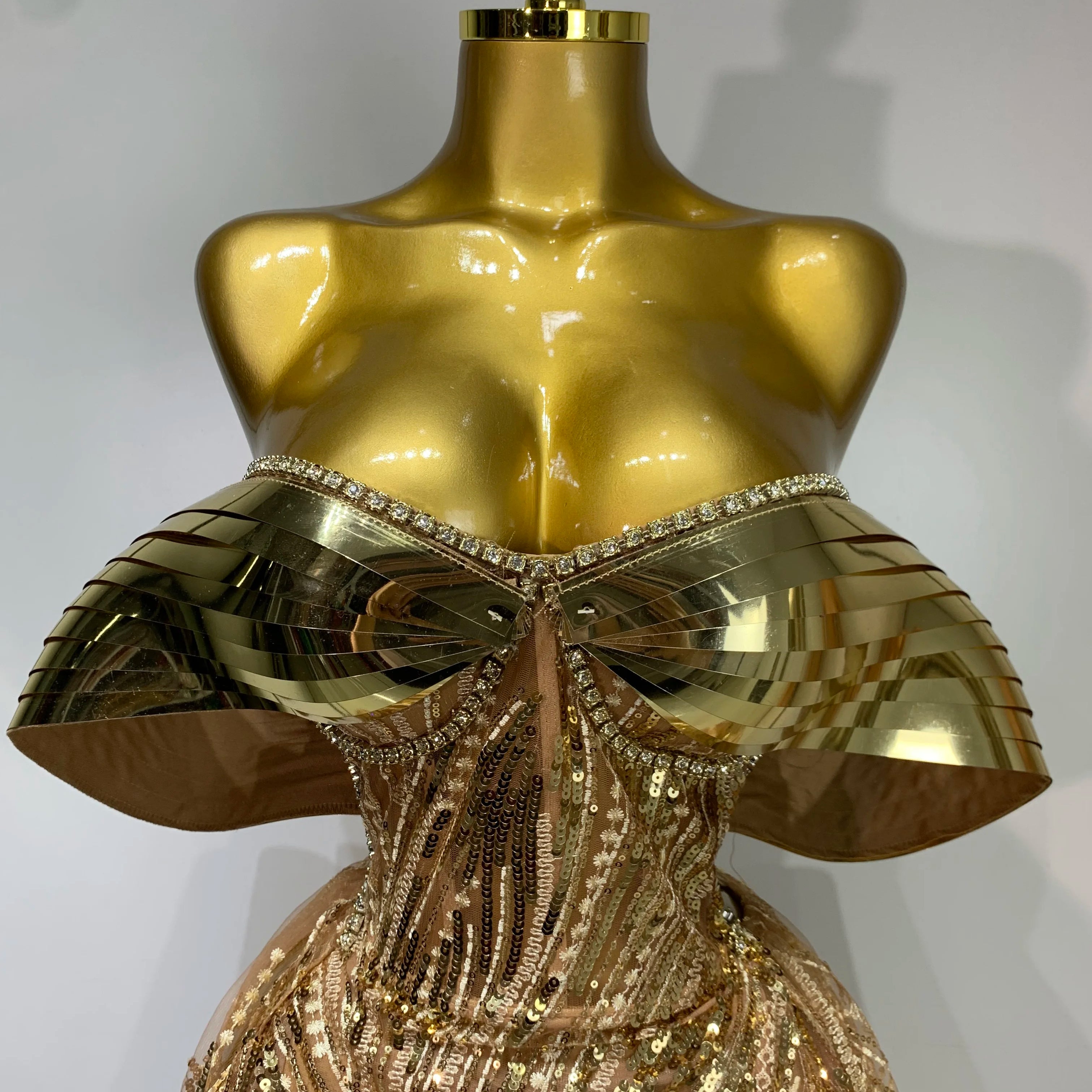 Sparkly Gold Long Dress Luxury Rhinestone Sequins See Thourgh Birthday Gown Sexy Off Shoulder Performance Singer Costume