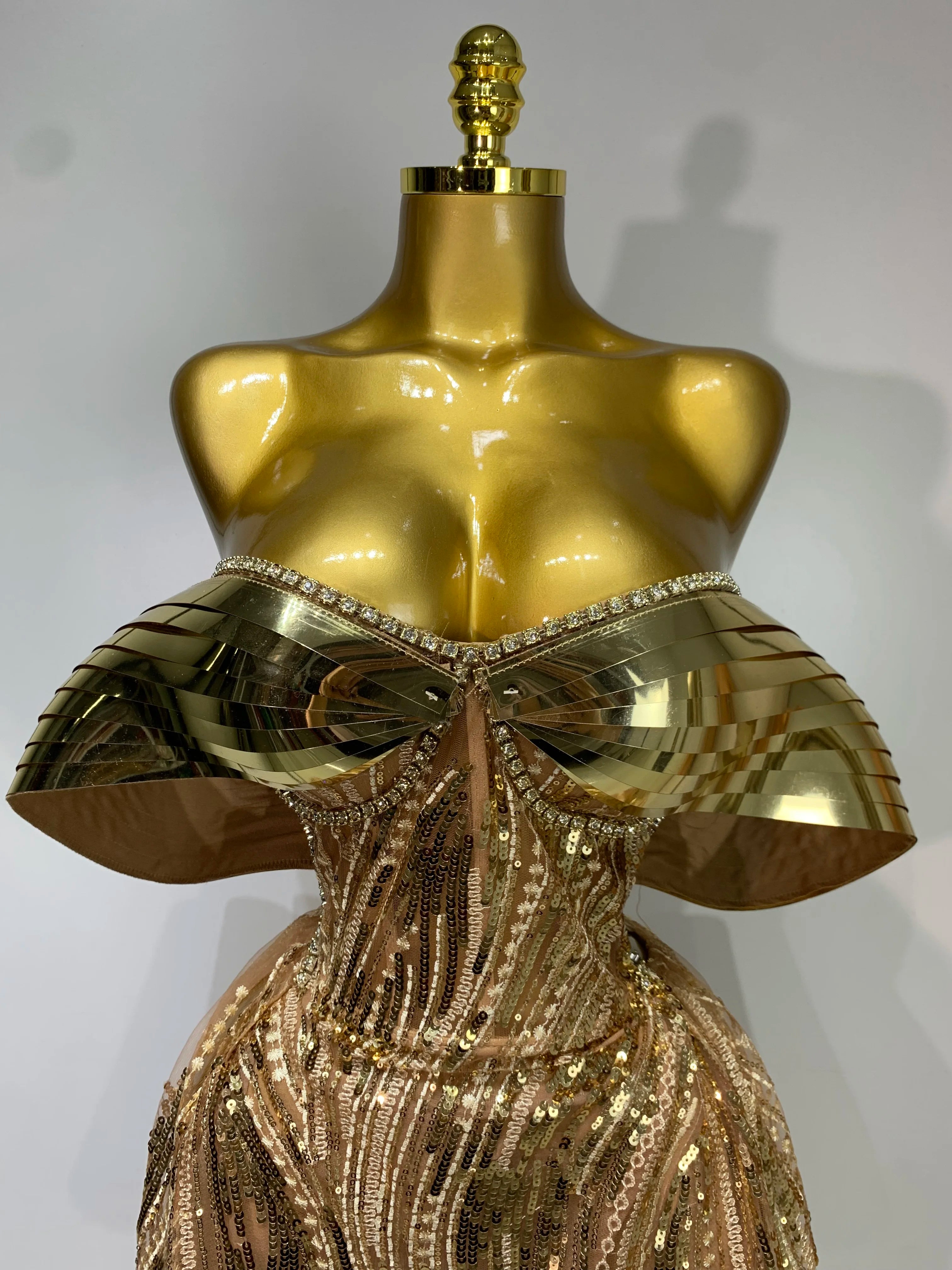 Sparkly Gold Long Dress Luxury Rhinestone Sequins See Thourgh Birthday Gown Sexy Off Shoulder Performance Singer Costume