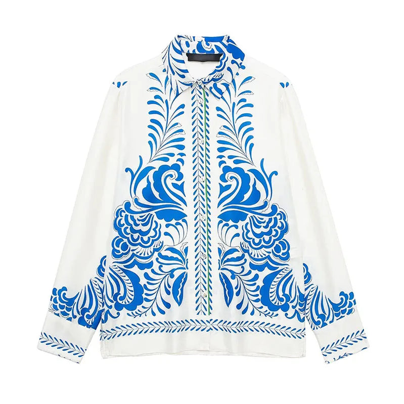 TRAFZA Women Suits Print Turn-Down Collar Long Sleeves Single Breasted Casual Shirts+High Waist Pockets Zipper Wide Leg Pants white top