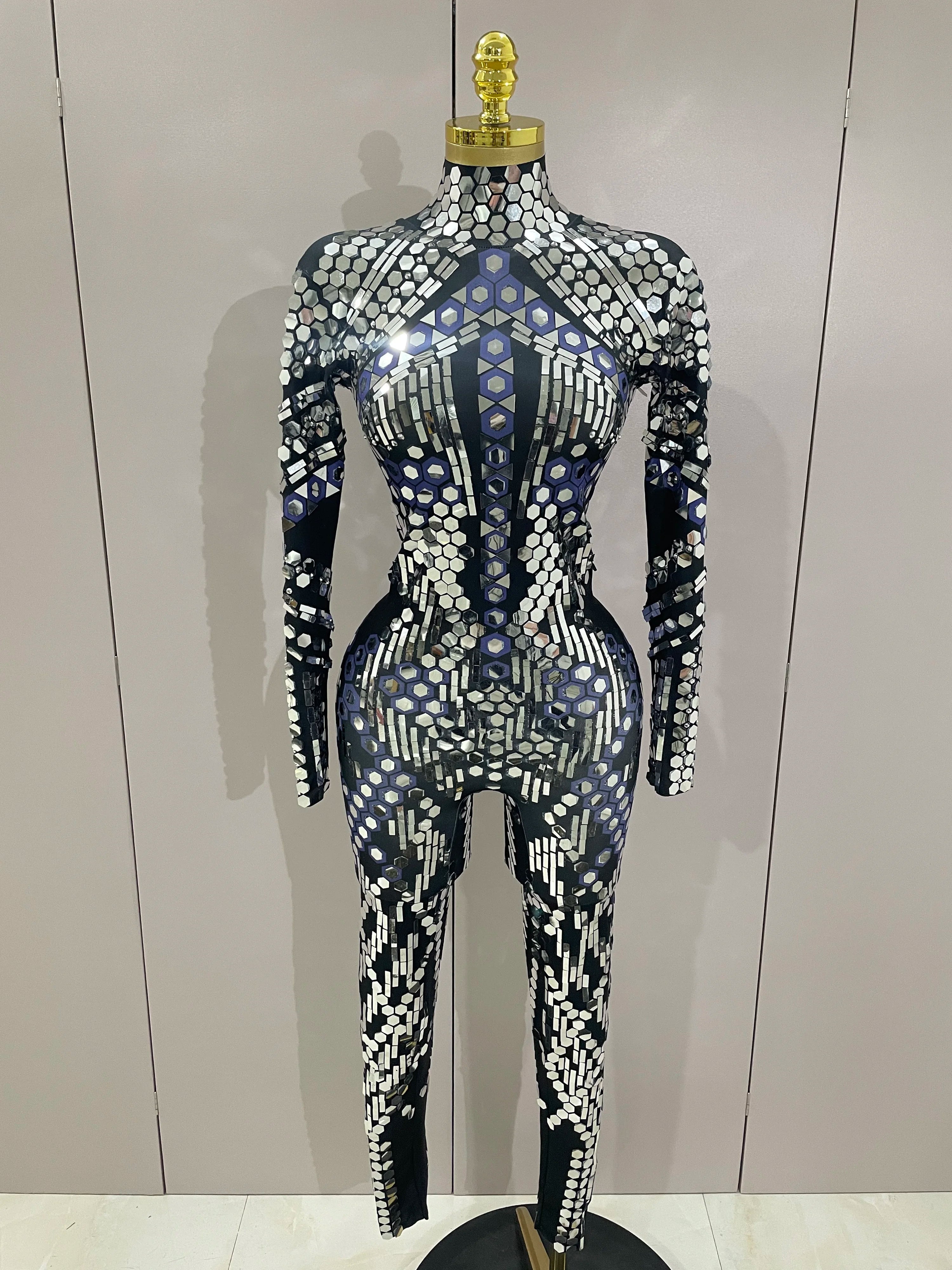 Sexy Shiny Silver Sequins Mirror Black Spandex Jumpsuit 2025 Women Prom Dancer Singer Costume Evening Birthday Show Stage Outfit