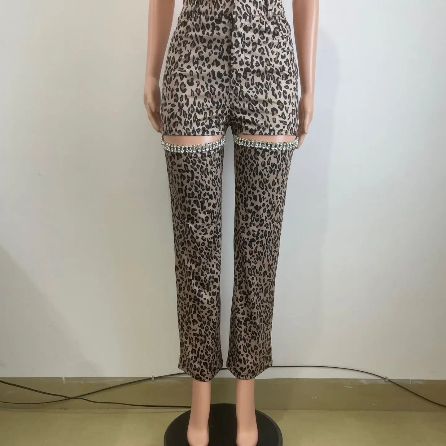 CM.YAYA Women Cutout Diamonds Crystal Hollow Out Straight Pants 2024 Fall Winter Leopard Print  High Waist Wide Leg Trousers