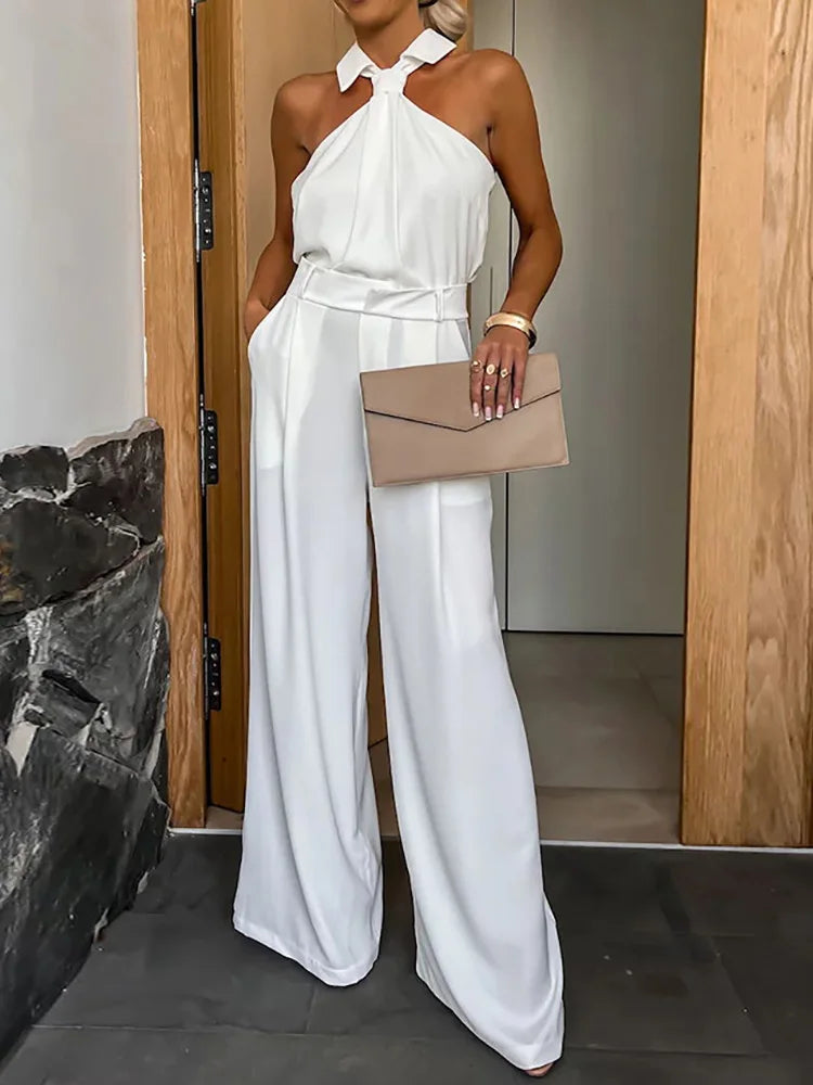 New Spring Summer Women Sleeveless Jumpsuits, Wide Leg Pants Loungewear Playsuits, Patchwork Pocket Simple Ladies Bodysuits