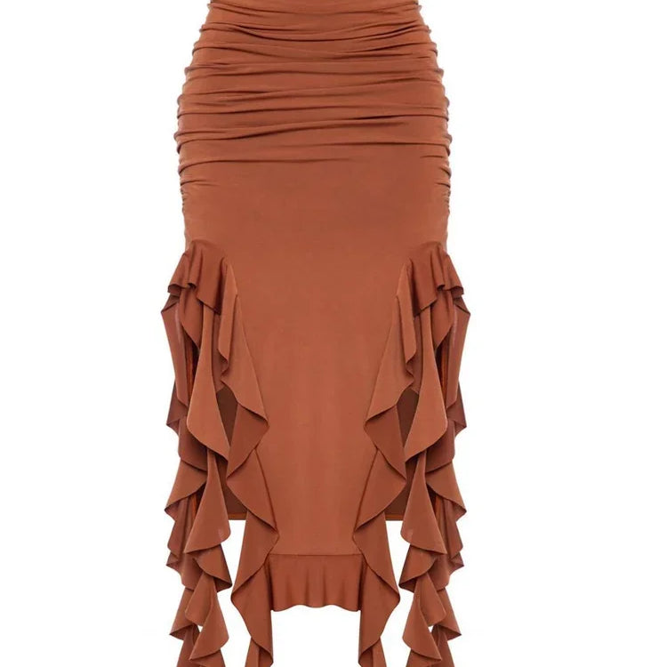 Tossy Tassel Summer Female Long Skirt Ruffled High Waist Broken High Split Fashion Pleated Sexy Solid Patchwork Maxi Skirt 2023 Coffee