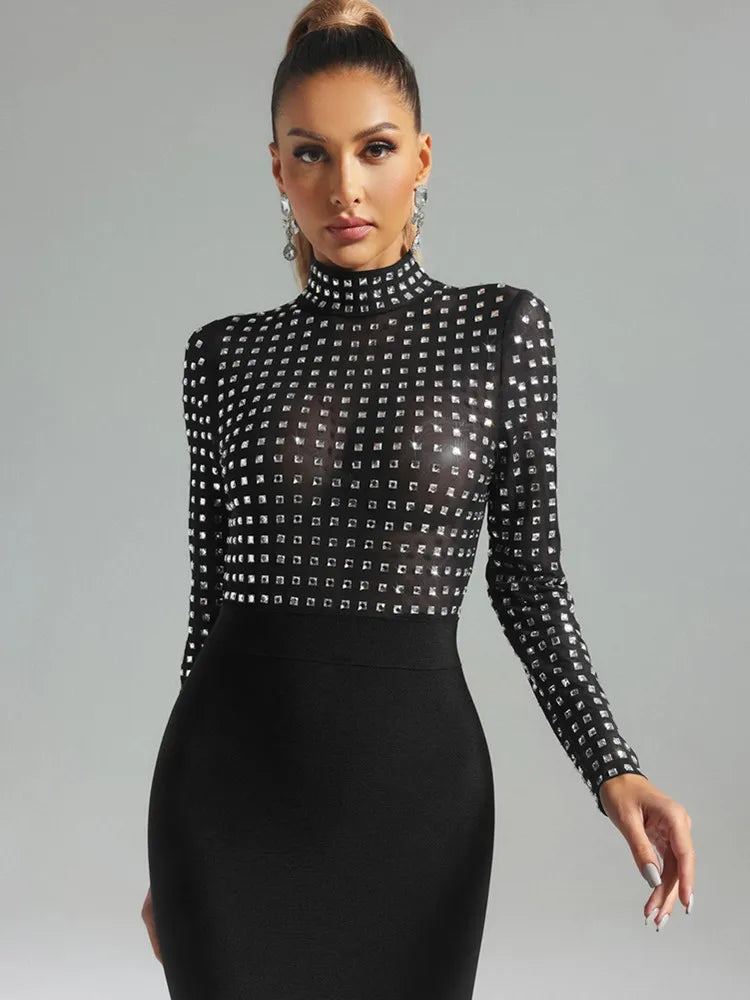 est Women Celebrity Sexy Turtleneck Rhinestone Black Midi Bodycon Bandage Dress Elegant Evening Club Party Dress