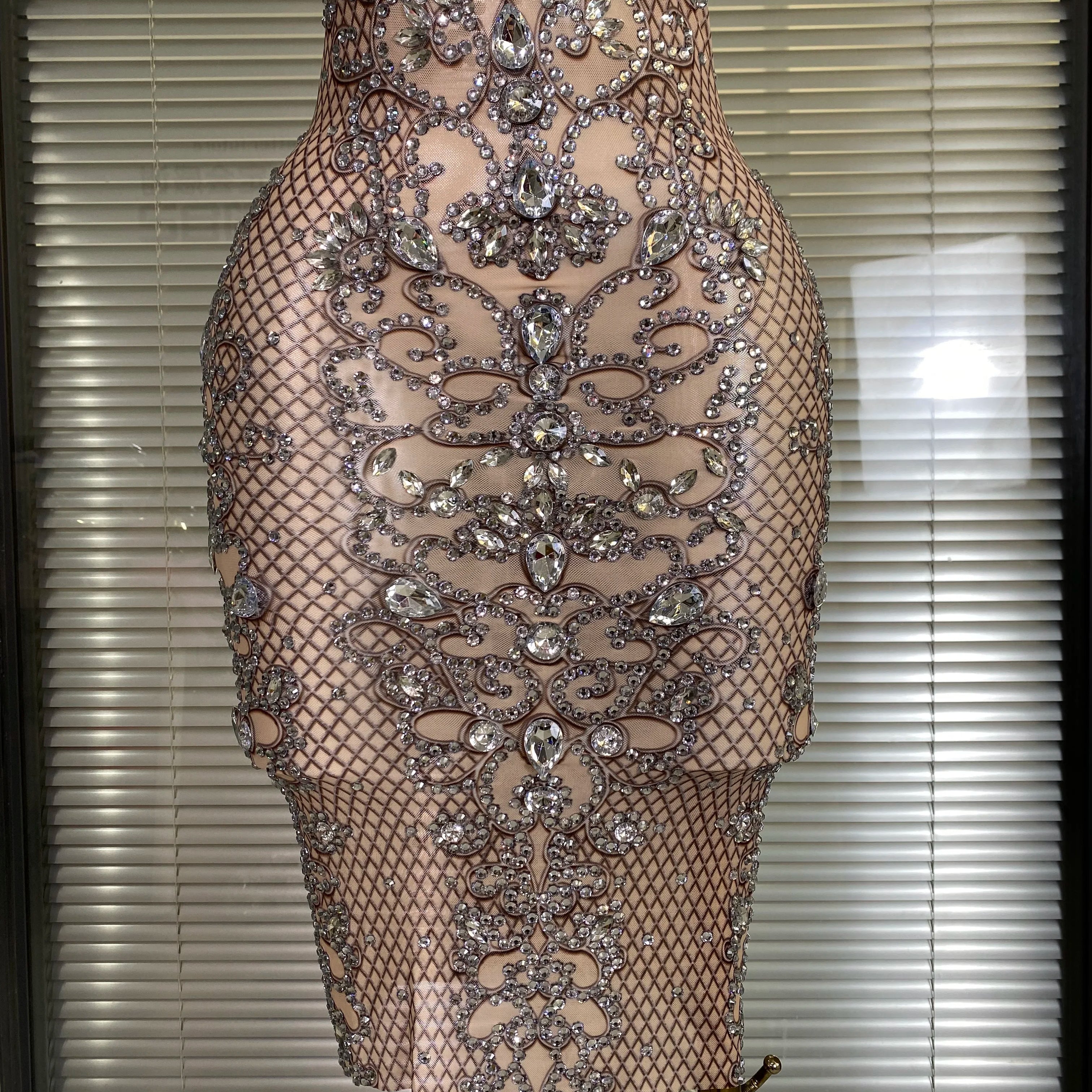 Women Sexy Mesh Crystal Diamonds Print Performance Costume Stage Dancer See Through Stretchy Night Club Party Dress