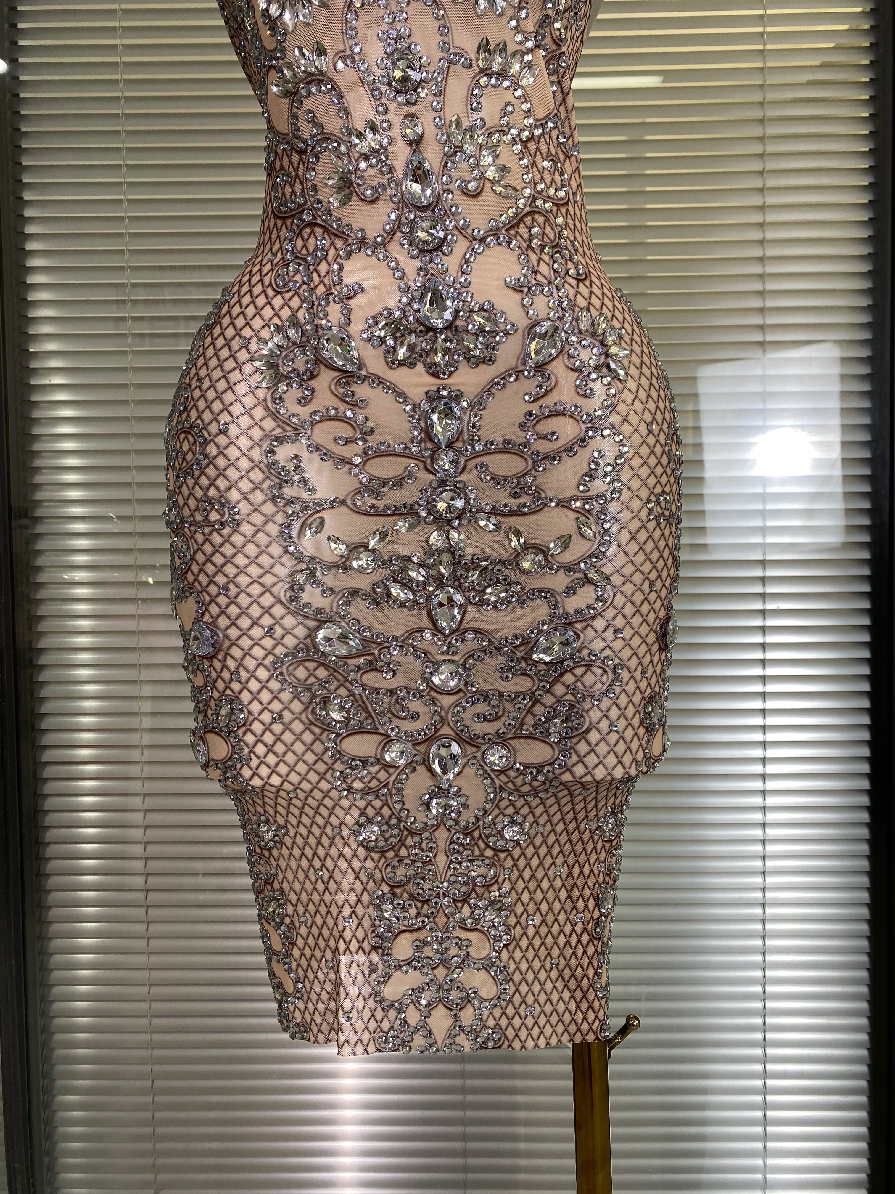 Women Sexy Mesh Crystal Diamonds Print Performance Costume Stage Dancer See Through Stretchy Night Club Party Dress