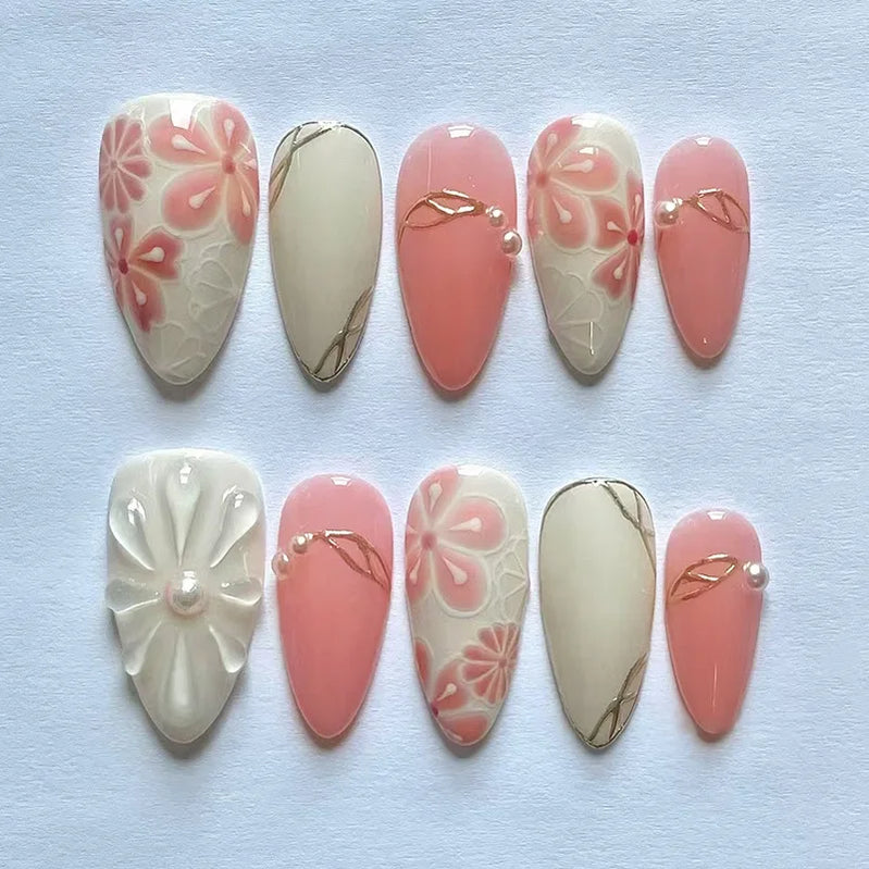 24Pcs Mid-length Almond Fake Nails 3D Flower Starfish Press on False Nails Pink Smudge French Pearl Reusable Full Cover Nail Tip