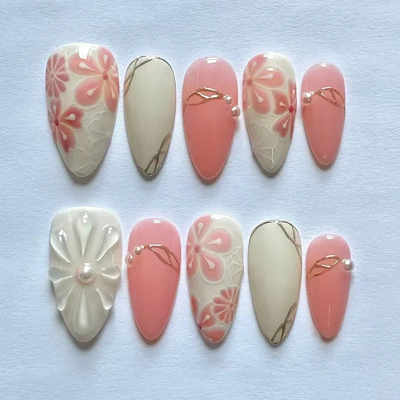 24Pcs Mid-length Almond Fake Nails 3D Flower Starfish Press on False Nails Pink Smudge French Pearl Reusable Full Cover Nail Tip