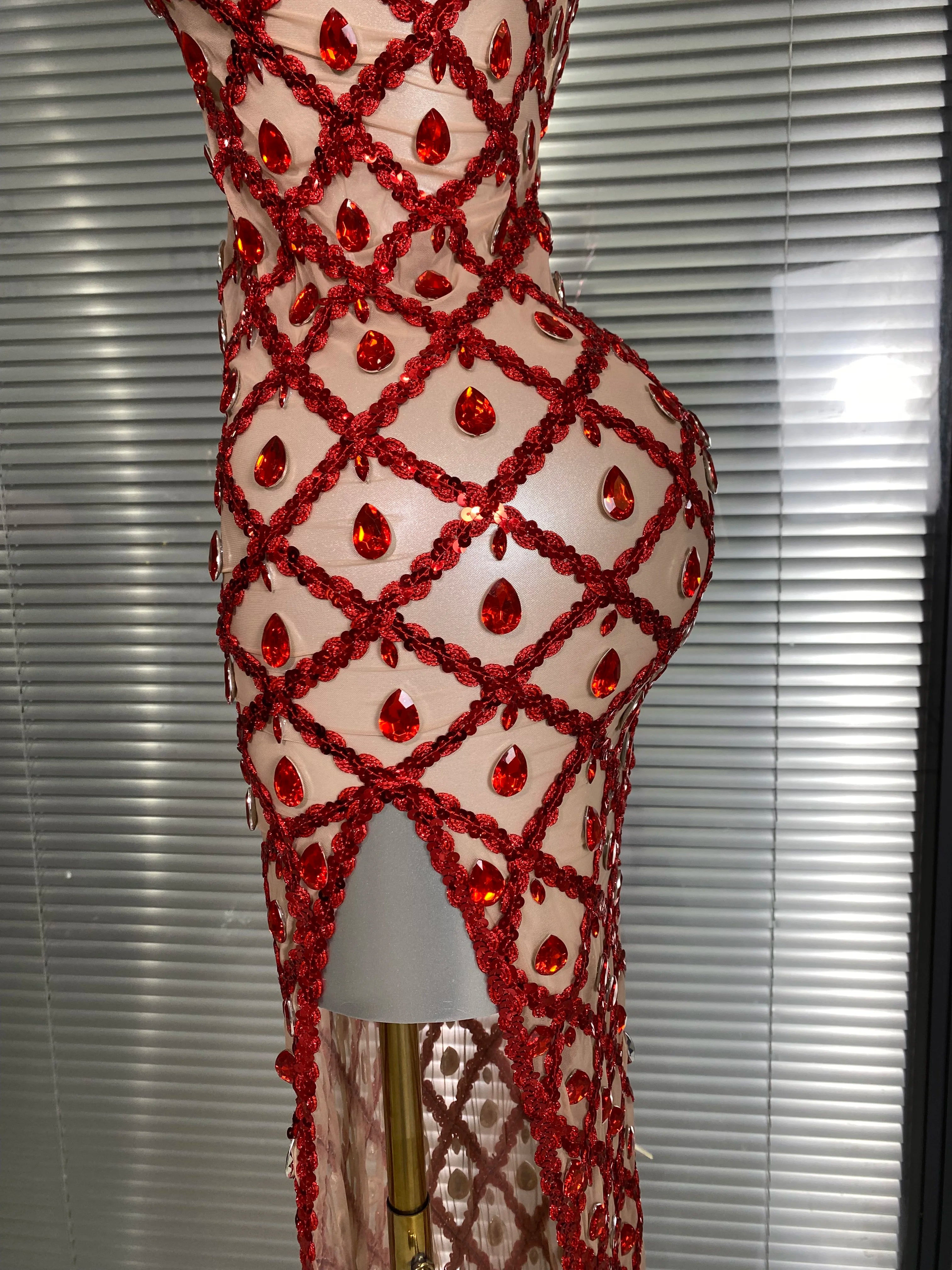 New Women Sexy One Shoulder See Through Crystal Diamonds Long Dress Birthday Party Costume Bar Singer Stage Performance Dress