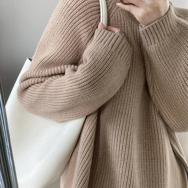2023 Winter Women's Turtleneck Zipper Oversize Fashion Sweaters Autumn New Knitwears Loose Thick Warm High Neck Solid Pullovers Khaki MY38