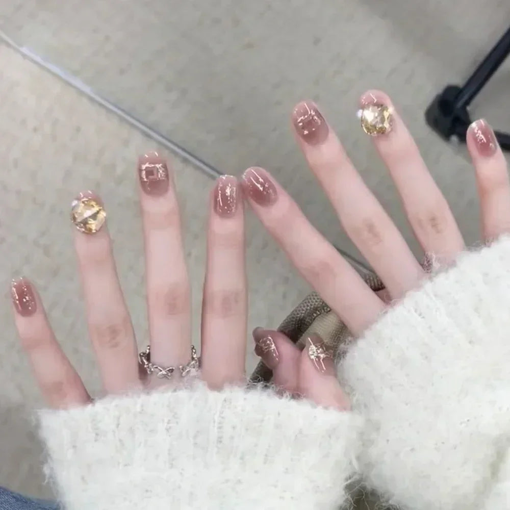 Shiny Crystal Glitter Powder Cat Eye Rhinestone Pearl Short Fake Nails Art Korean False Nails Zircon DIY Press on Nails Manicure