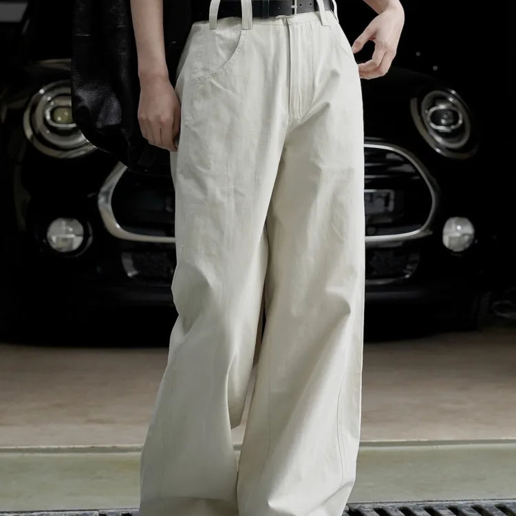 [LANMREM] Streetwear Straight Wide Leg Pants For Women High Waist Solid Trousers Female Fashion Jeans Spring New 26D2373 Apricot