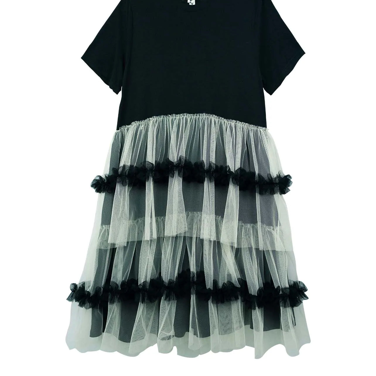 IMAKOKONI Original Design Black Short Sleeve Dress Mesh Splice Casual Loose Fit Dress 234147