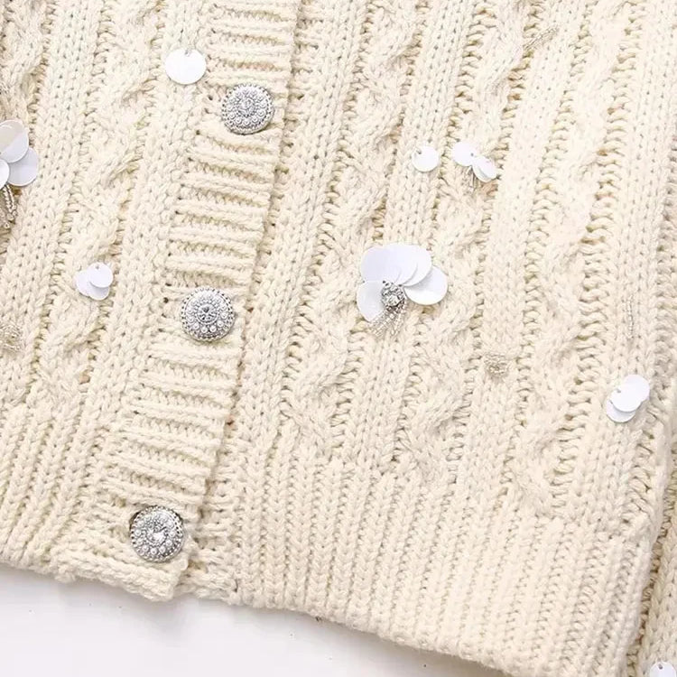 Women Fashion With Beading Cropped Knit Cardigan Sweater Vintage Long Sleeve Front Button Female Outerwear Chic Tops