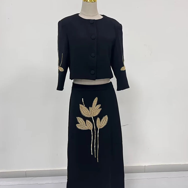 TWOTWINSTYLE Colorblock Chic Two Piece Sets For Women O Neck Half Sleeve Coat High Waist Skirt Elegant Set Female Fashion Style