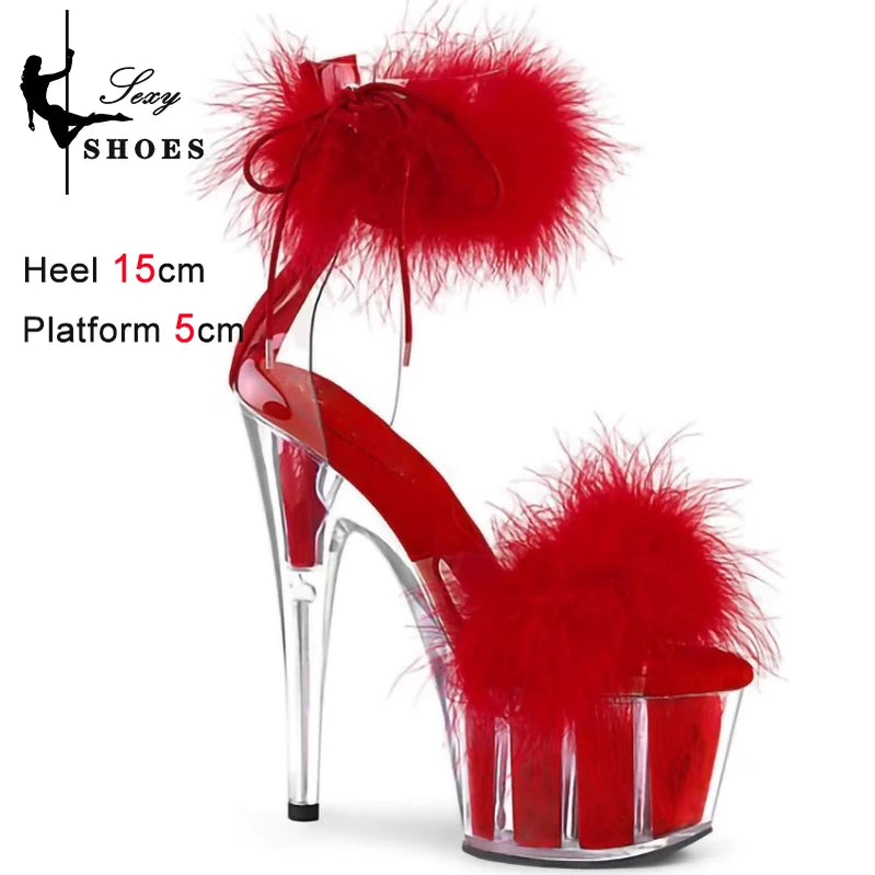 New Cover Heels Buckle Strap Women Sandals Platform Open Toe Color Feather Bride's Wed-ding Shoes Stripper Nightclub Party Heels As Picture Shown 2