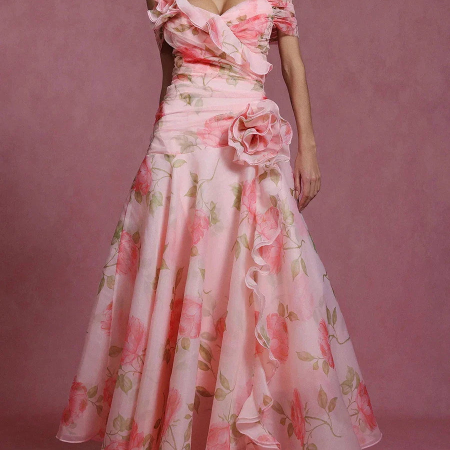 Printing Spliced 3D Flower Elegant Dresses for Women Slash Neck Off Shoulder Patchwork Fungus Folds Dress Female