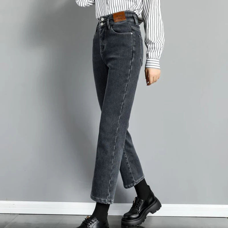 Autumn Winter Denim Jeans Women Double Row Vertical Buckle High Waisted Elastic Brand Slim Straight Warm Classic Smoke Pants