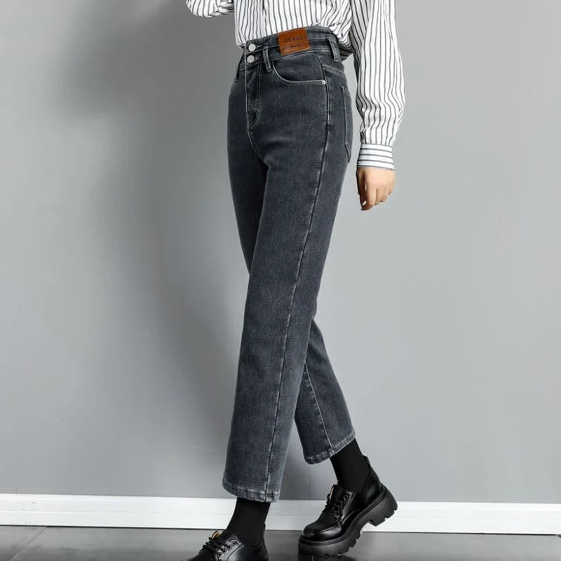 Autumn Winter Denim Jeans Women Double Row Vertical Buckle High Waisted Elastic Brand Slim Straight Warm Classic Smoke Pants