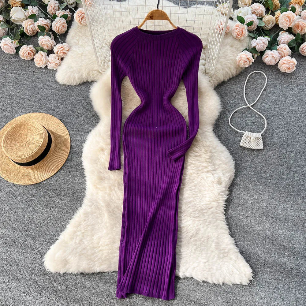 Winter Women Knit Maxi Dress O Neck Autumn Long Sleeve Slim Solid Harajuku Ladies Fashion Pencil Sweater Long Dresses purple One Size