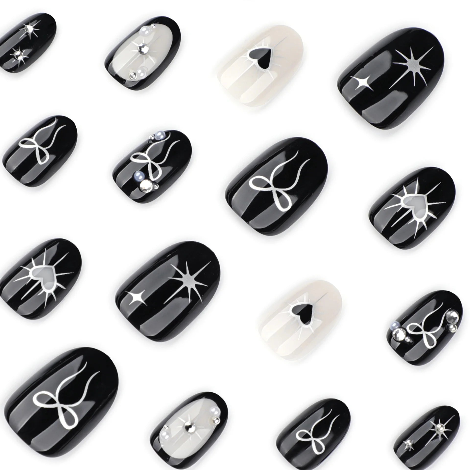 Y2K Girls Black Fake Nails 24Pcs Short Oval Shaped Press On Nails Silver Star/Love Heart/Bowknot Printed Stick-on False Nails