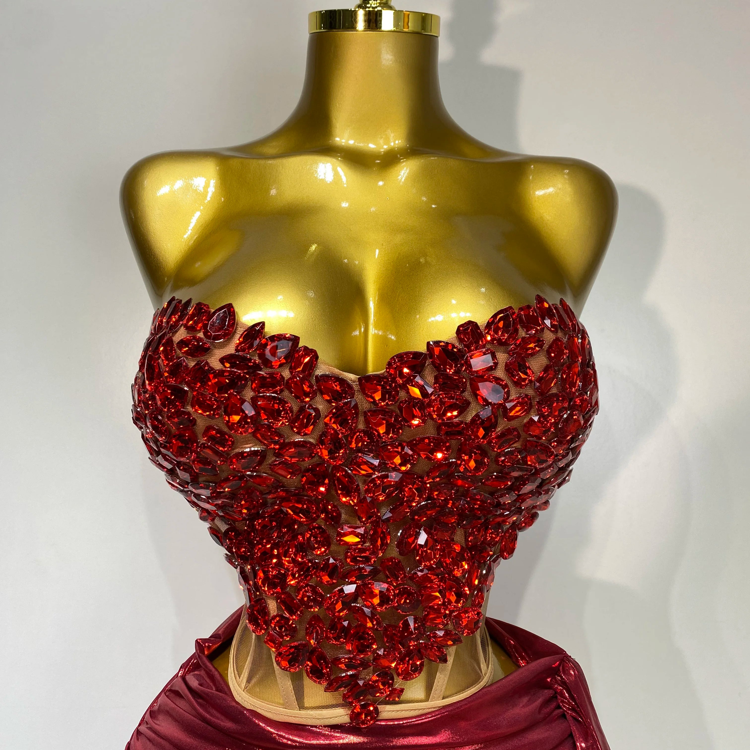 Sparkly Red Diamond Sexy Top Two Pieces Set Women Celebrate Party Luxury Birthday Nightclub Performance Dancer Stage Outfit