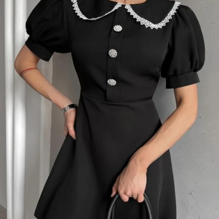 Elegant Doll Collar Mini Dress Women Spring Summer Chic Solid Short Sleeve Sexy Slim Button Dresses Female Commute Clothes